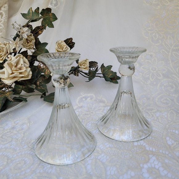 Accents Vintage Glass Candle Holder Pair Clear Fluted Flared Base